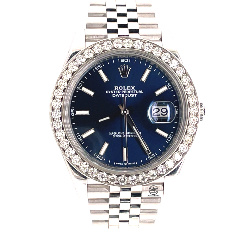 Rolex Datejust 41 126300 Blue Stick Dial Custom 3.25ct Diamond Bezel Jubilee PreOwned - Diamonds East Intl.