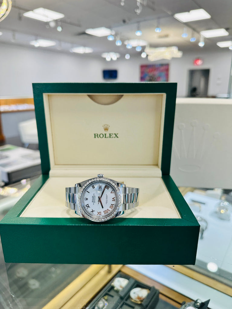 Rolex Datejust 41 126300 Custom 3.25 Natural Diamond bezel White Roman Dial PreOwned - Diamonds East Intl.