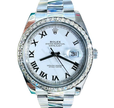 Rolex Datejust 41 126300 Custom 3.25 Natural Diamond bezel White Roman Dial PreOwned - Diamonds East Intl.