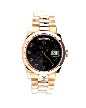 Rolex Day-Date 36mm Rose Gold 118205 Black and Rose Arabic Dial Unworn Box and Papers - Diamonds East Intl.