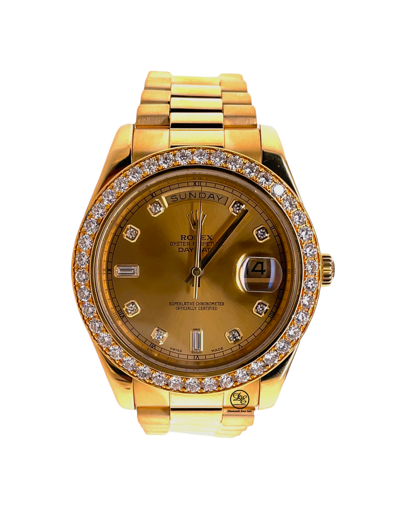 Rolex Day-Date II 218348 Champagne Diamond and Baguette Dial Factory Diamond Bezel PreOwned - Diamonds East Intl.