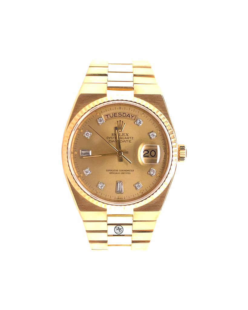Rolex Day-Date Oysterquartz 19018 Factory Diamond Baguette Dial Box and Papers - Diamonds East Intl.