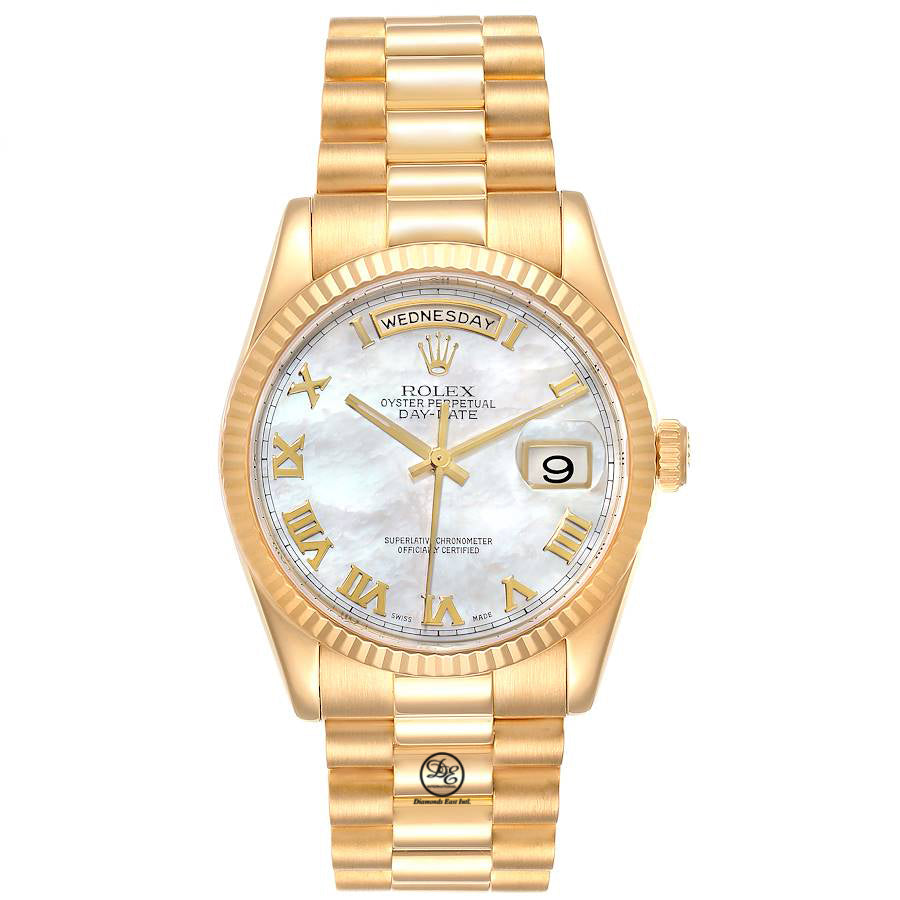 Rolex Day-Date President Yellow Gold Factory Original Mother of Pearl Gold Roman Dial Box and Papers | Diamonds East Intl.