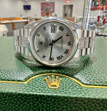 Rolex Day Date 36 118296 Glacier Blue Roman Factory Diamond lugs Custom Diamond Platinum Bracelet PreOwned - Diamonds East Intl.