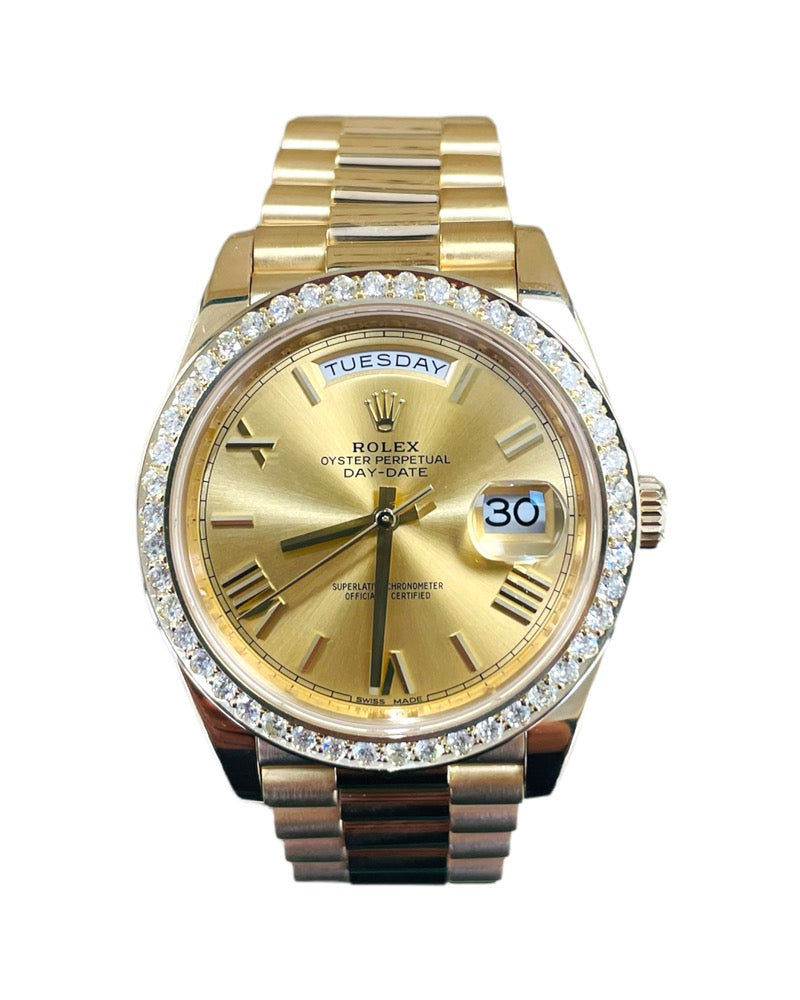 Rolex DayDate Champagne Roman Dial Custom Natural Diamond Bezel Box and Paper PreOwned | Diamonds East Intl.