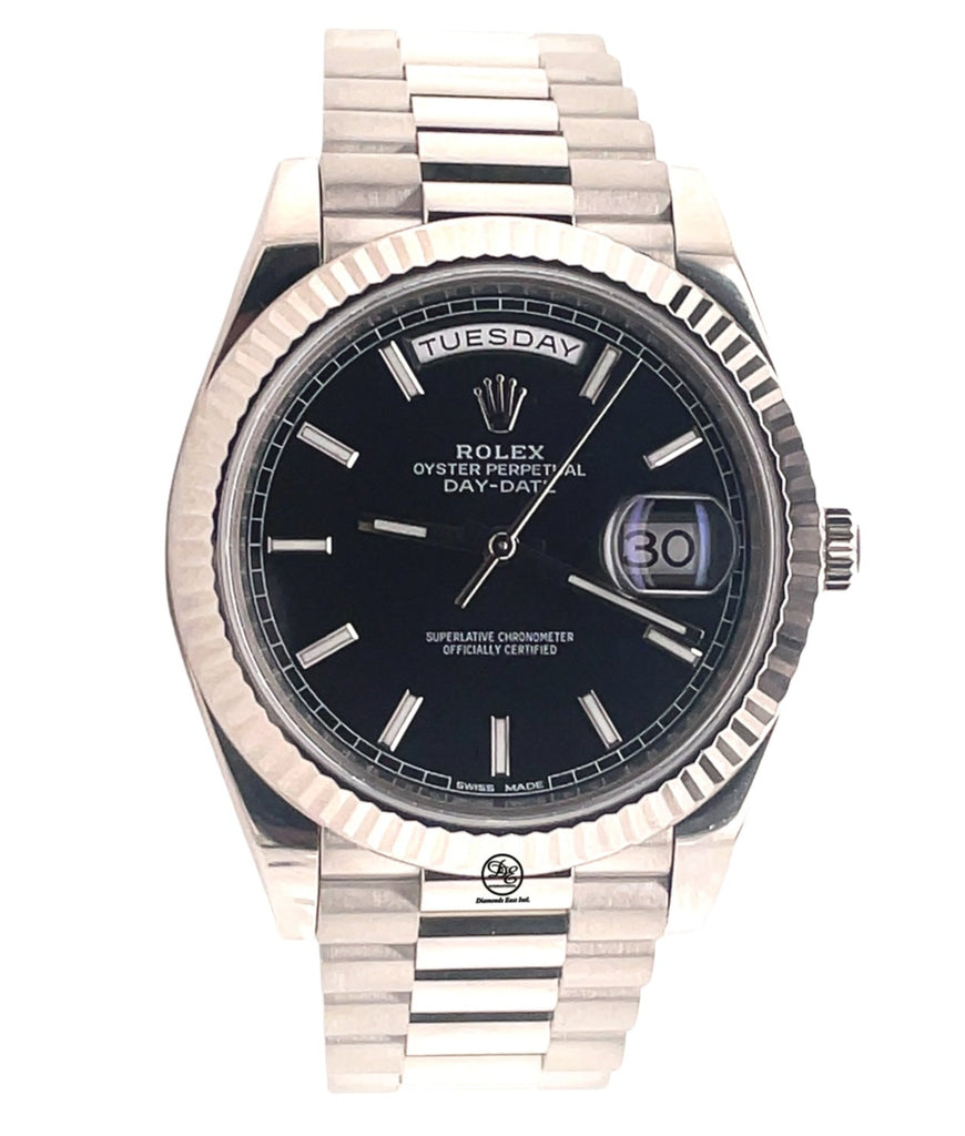 Rolex Day Date White Gold Fluted Bezel Black Index Dial 228239 PreOwned Box and Papers - Diamonds East Intl.