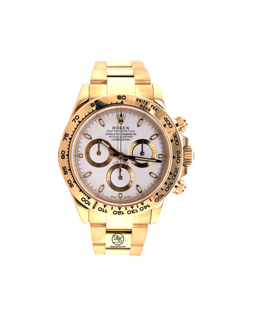 Rolex Daytona 116508 18K Yellow Gold White Dial Oyster Perpetual Cosmograph Box and Papers PreOwned - Diamonds East Intl.