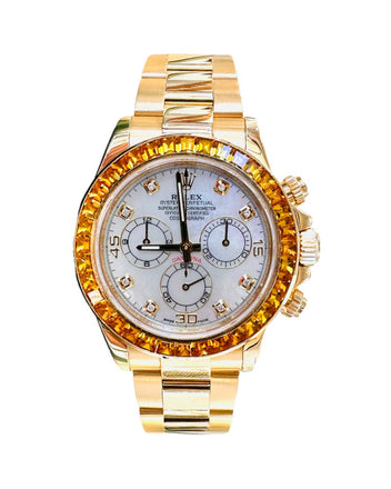 Rolex Daytona 116528 18K Yellow Gold Oyster Perpetual Cosmograph Custom Sapphire Bezel and Custom MOP Dial Box and Papers PreOwned - Diamonds East Intl.