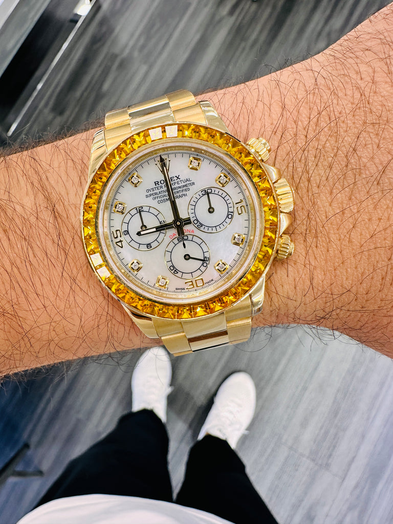 Rolex Daytona 116528 18K Yellow Gold Oyster Perpetual Cosmograph Custom Sapphire Bezel and Custom MOP Dial Box and Papers PreOwned - Diamonds East Intl.