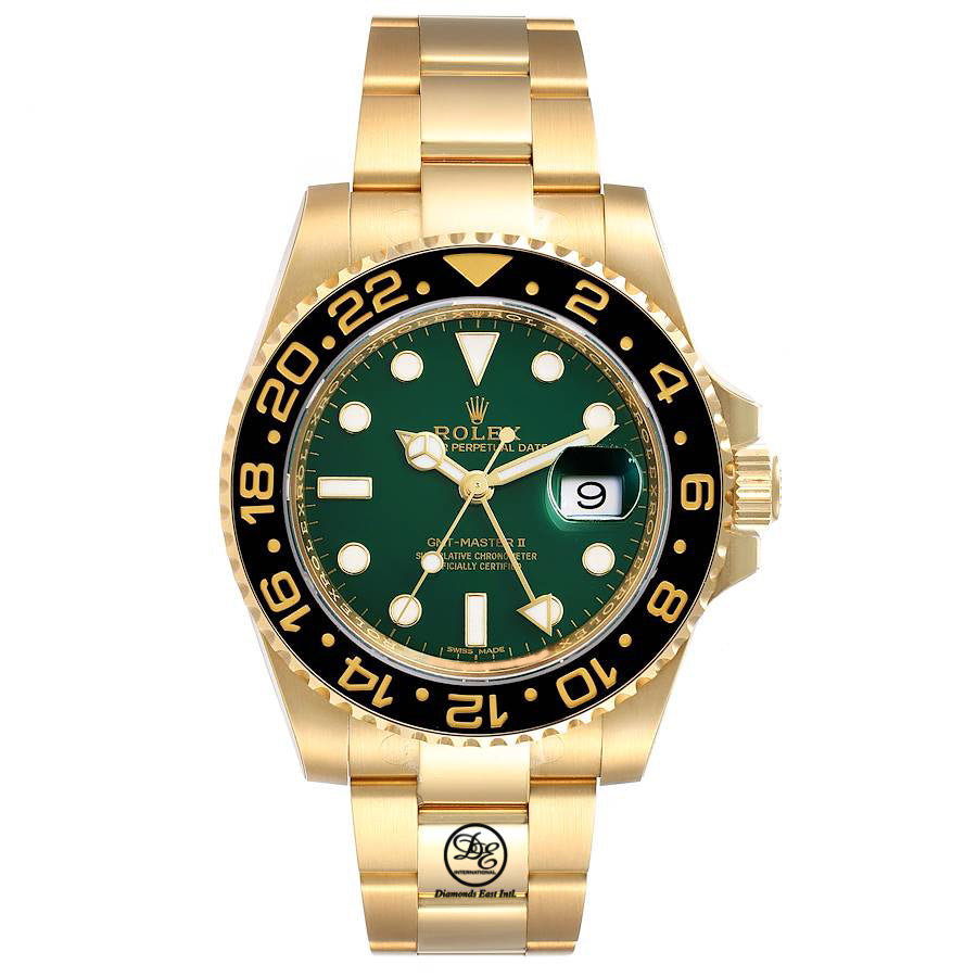 Rolex Gmt Master II Yellow Gold Green Dial 116718LN Box and Papers PreOwned - Diamonds East Intl.