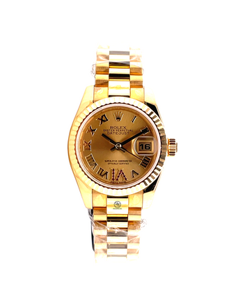 Rolex Lady-Datejust Yellow Gold Champagne Roman and Factory Ruby Dial 179178 Unworn Box and Papers - Diamonds East Intl.