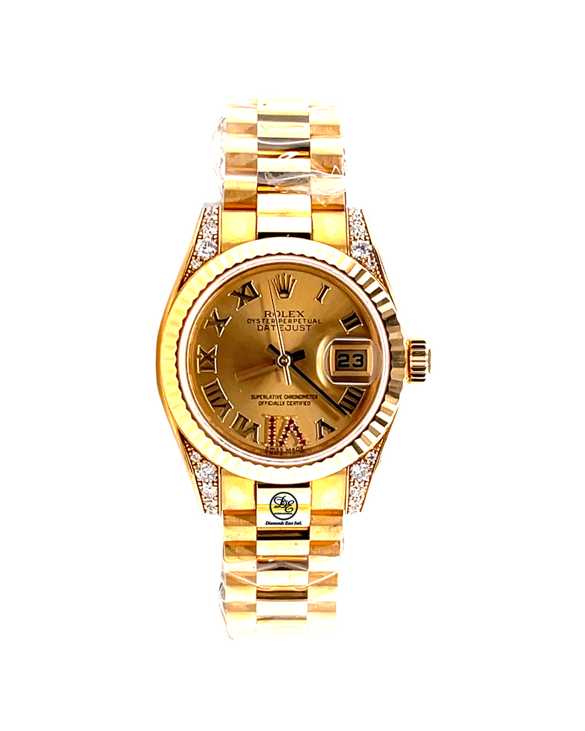 Rolex Lady-Datejust 26mm Yellow Gold Champagne Roman and Factory Ruby Dial 179238 Unworn Box and Papers - Diamonds East Intl.