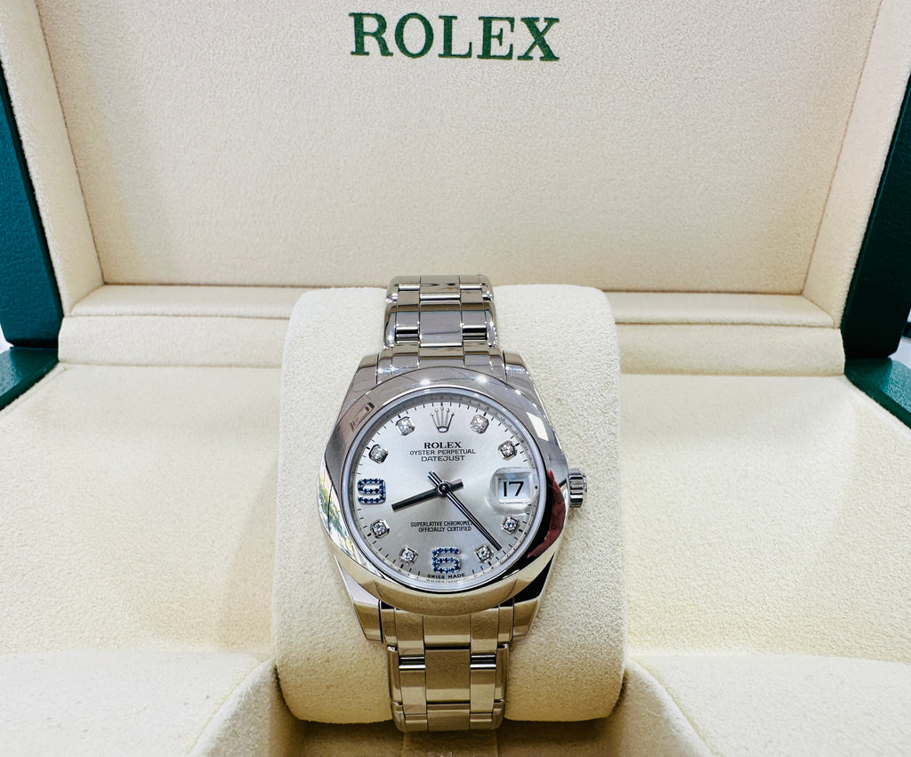 Rolex Lady-Datejust Pearlmaster 81209 18K White Gold 34mm Diamonds and Sapphires Dial Box and Papers UNWORN - Diamonds East Intl.