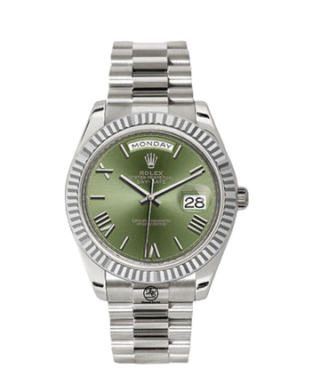 Rolex President 40mm Day-Date 228239 GRNRP 18K White Gold Green Roman Dial Box/Papers - Diamonds East Intl.