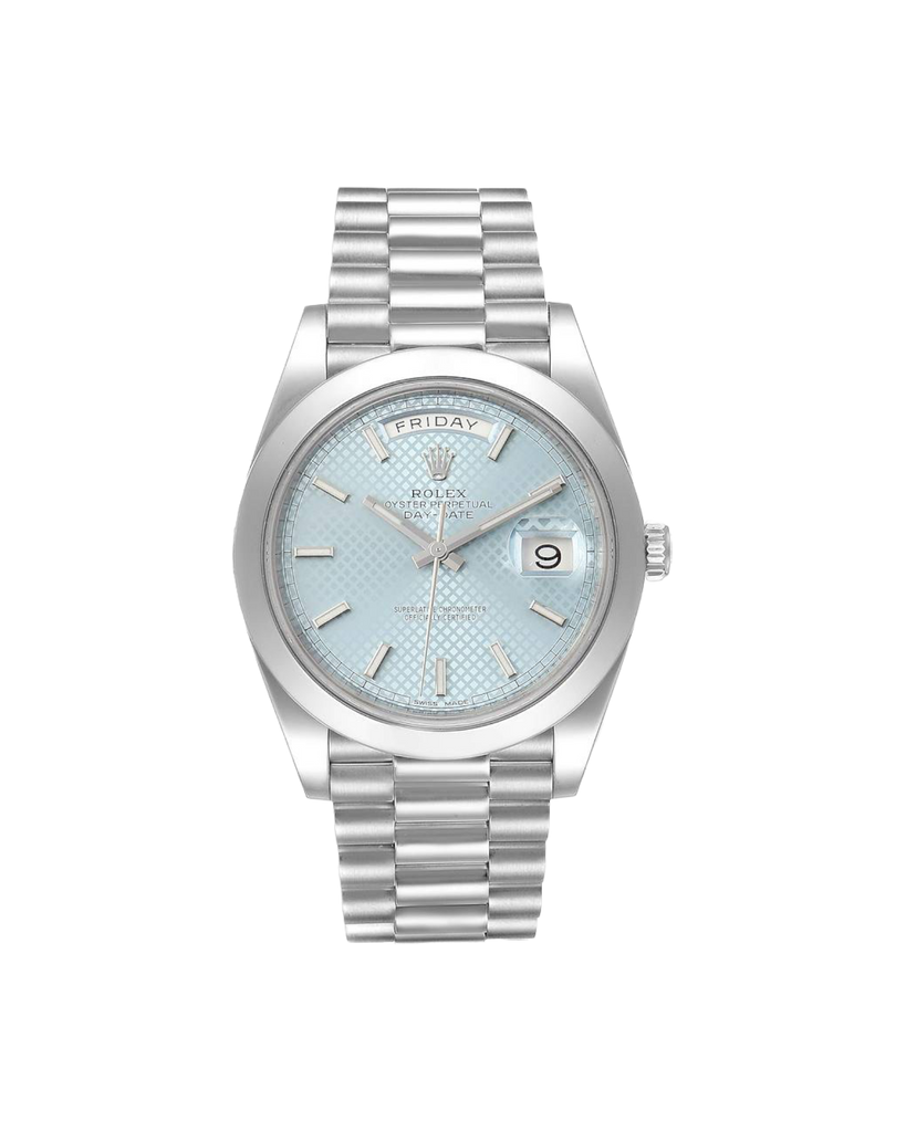 Rolex Platinum President Day Date 40 Glacier Blue Stick Motif 228206 BLURP Box and Papers PreOwned - Diamonds East Intl.