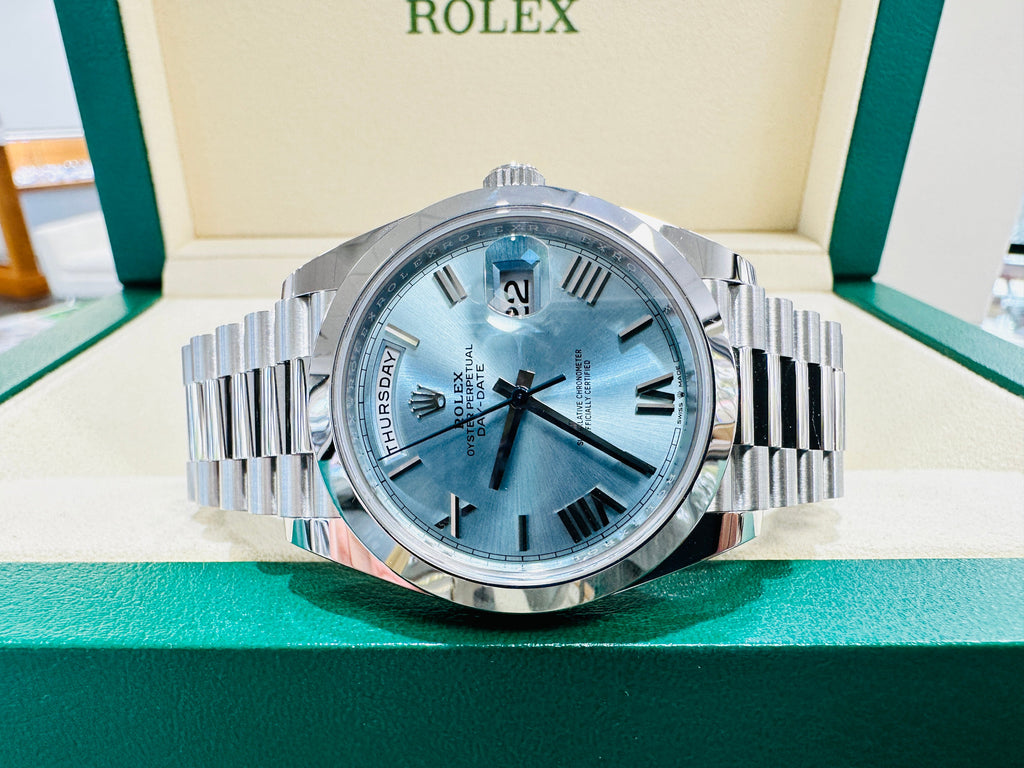 Rolex President 40 Day-Date 228206 Platinum Ice Blue Roman Dial UNWORN Box/Papers - Diamonds East Intl.