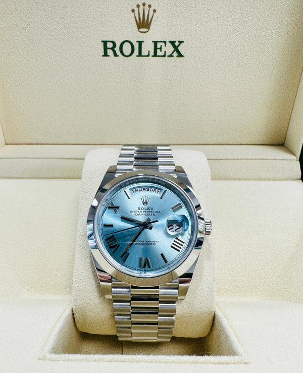 Rolex President 40 Day-Date 228206 Platinum Ice Blue Roman Dial
