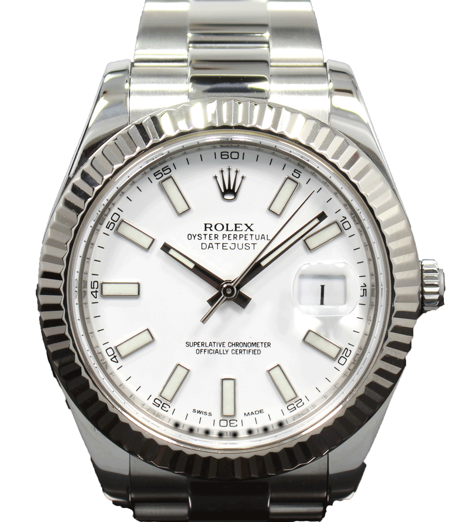 Rolex Datejust II 116334 41mm White Dial 18K White Gold Fluted Bezel Watch PAPERS MINT