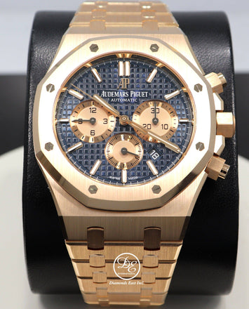 Audemars Piguet Royal Oak 41mm Blue Chronograph 18K Rose Gold NEW 26331OR.OO.1220OR.01 - Diamonds East Intl.
