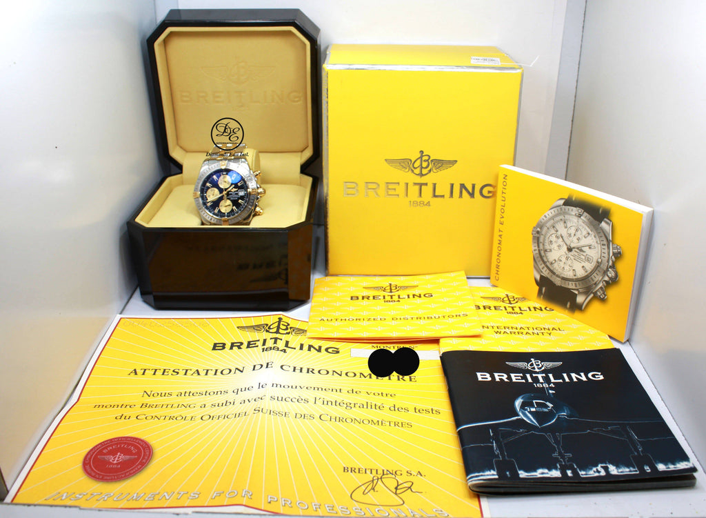 BREITLING Chronomat Evolution B13356 Black Dial Chronograph 43mm 18K Yellow Gold/ SS BOX/PAPERS - Diamonds East Intl.