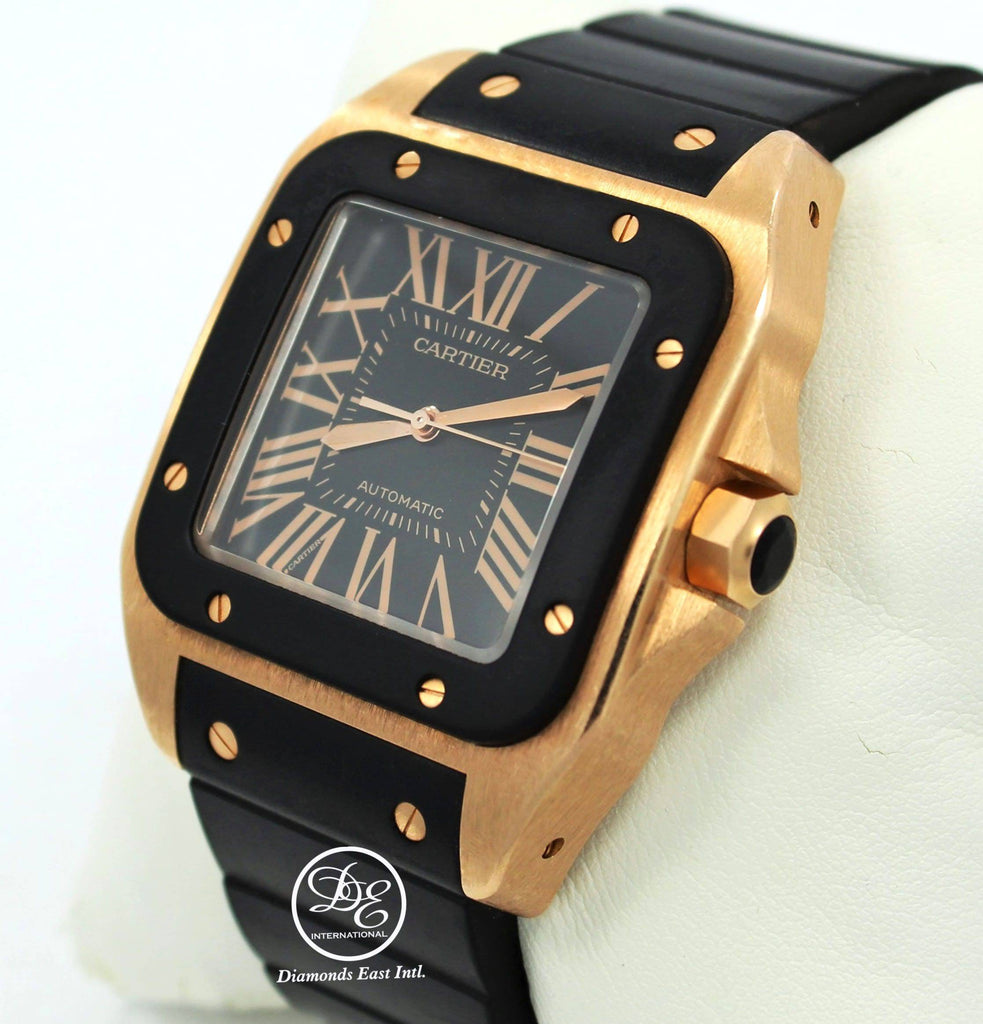Cartier Santos 100 XL W20124U2 18K Rose Gold Rubber Strap