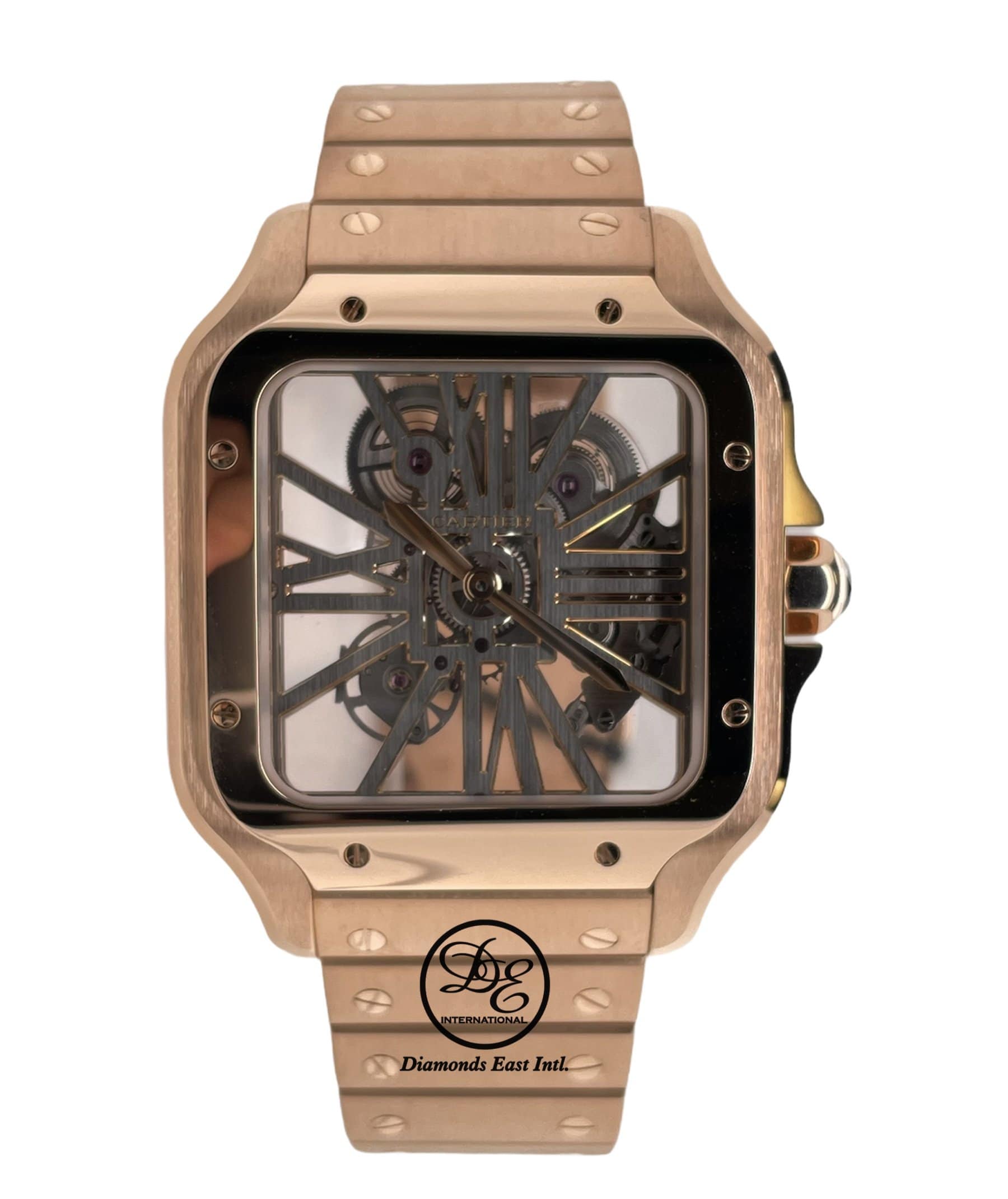 Rose Gold Cartier Santos Skeleton Automatic Movement Luxury Diamond Wrist  Watch For Men