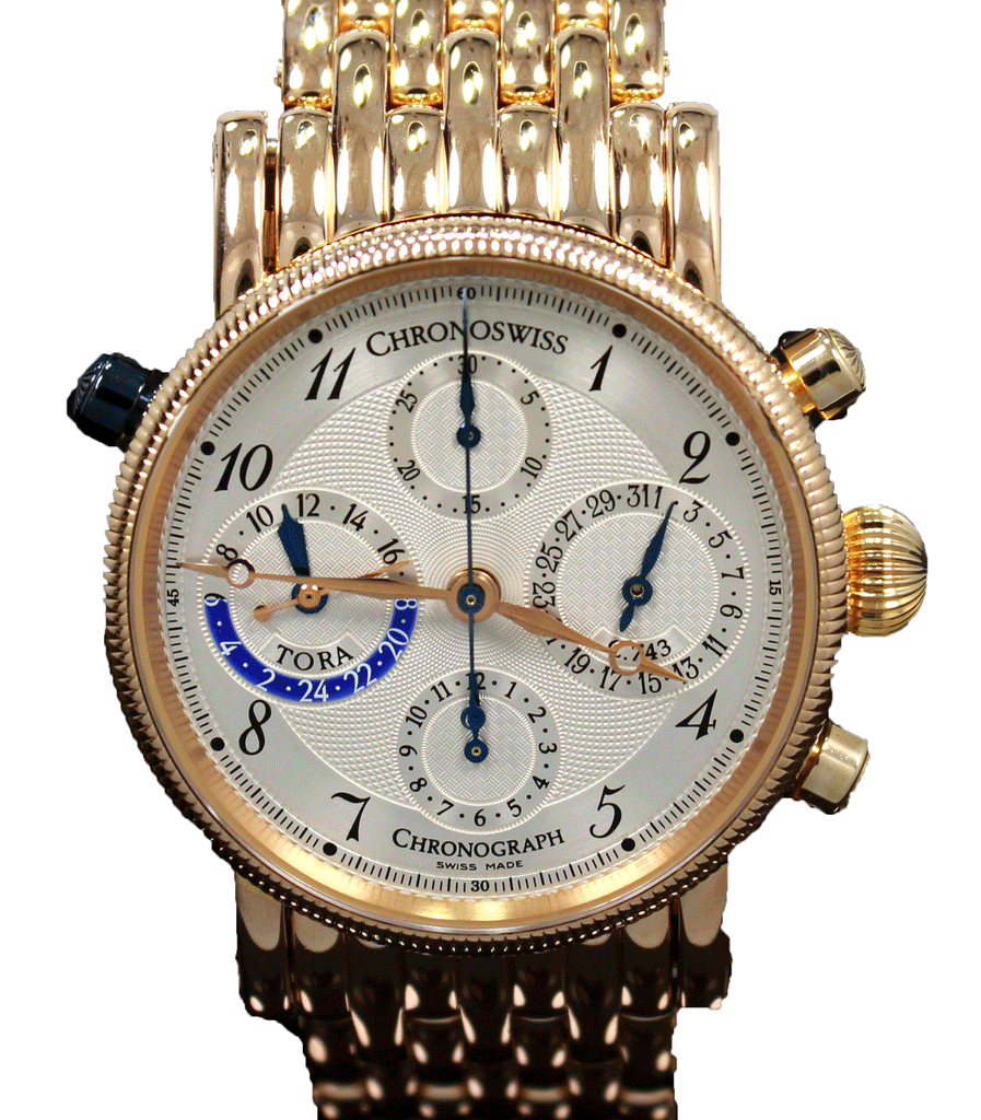 CHRONOSWISS Tora CH7421R Chronograph 18K Rose Gold 38mm Silver Dial Watch FULLY SERVICED Diamonds East Intl