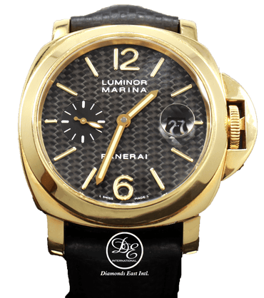Panerai Luminor Marina PAM140 18k Yellow Gold Carbon Fiber Dial BOX/PAPERS - Diamonds East Intl.