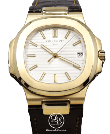PATEK PHILIPPE Nautilus 5711J 18k Yellow Gold Leather Band Watch - Diamonds East Intl.
