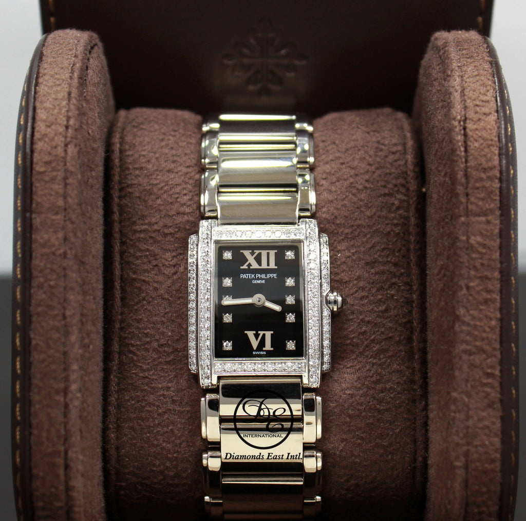 Patek Philippe Twenty 4 4908/200G Factory Diamonds Black Dial 18K White Gold Watch - Diamonds East Intl.