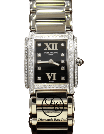 Patek Philippe Twenty 4 4908/200G Factory Diamonds Black Dial 18K White Gold Watch - Diamonds East Intl.