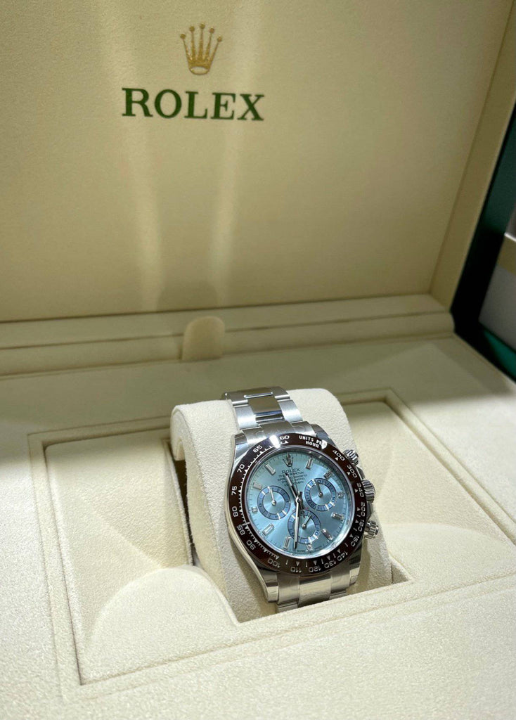 Rolex Daytona 116506 Platinum Oyster Perpetual Cosmograph ICE Blue Baguettes Dial Unworn - Diamonds East Intl.
