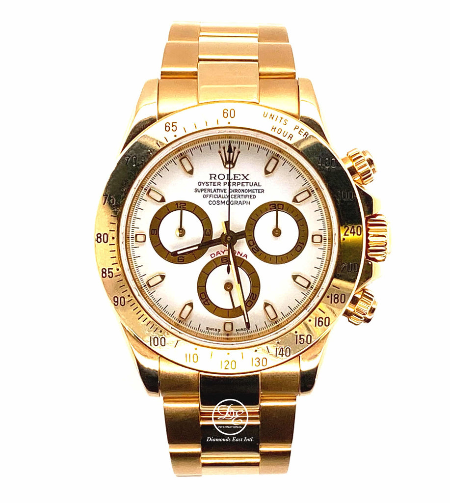 Rolex Daytona 116528 18K Yellow Gold White Dial  Oyster Perpetual Cosmograph Watch - Diamonds East Intl.
