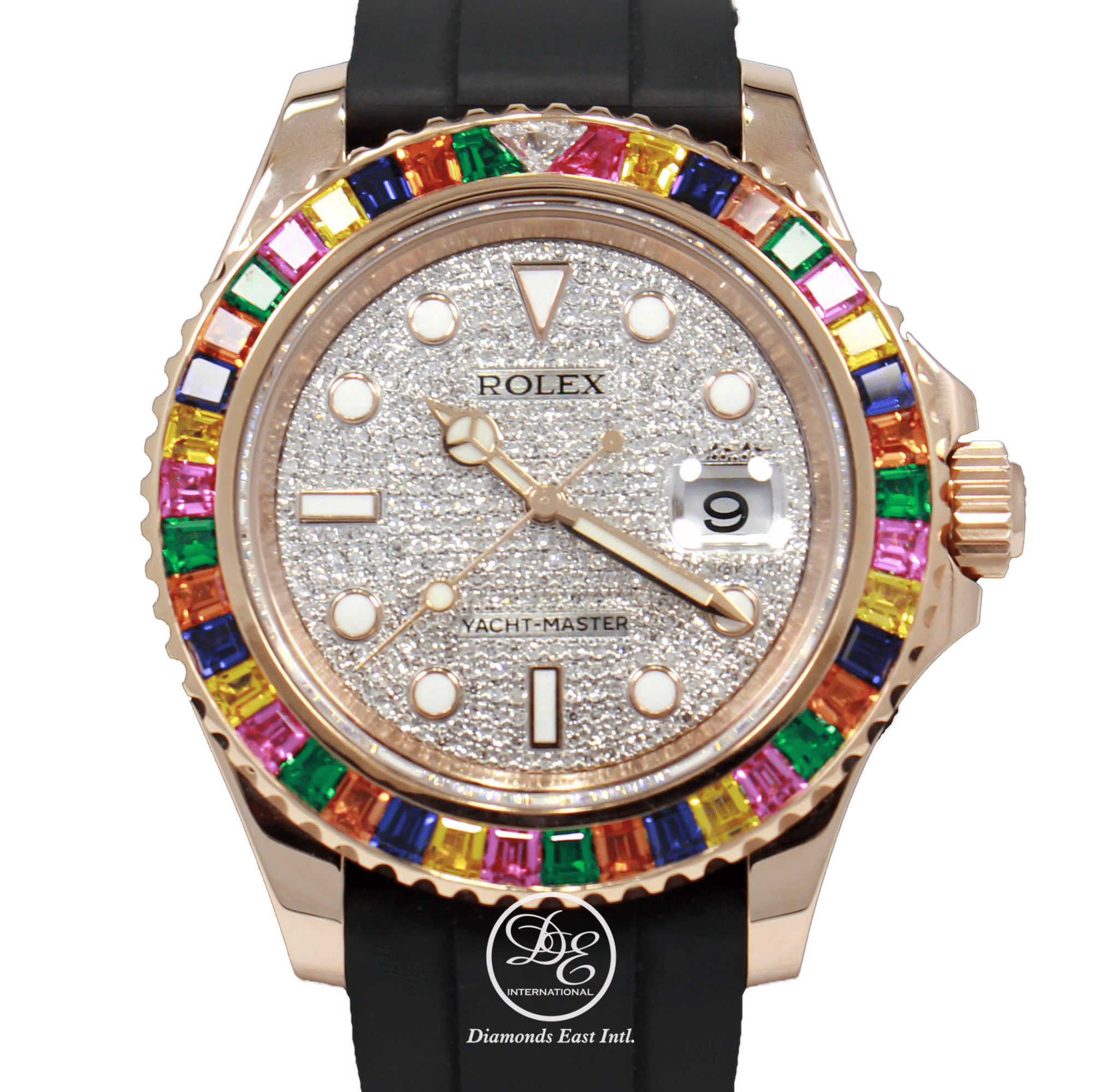 Rolex Yacht Master 40mm 18k Rose Gold Pave Diamonds Sapphires 116655 BOX PAPERS Diamonds East Intl