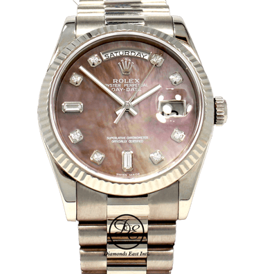 Rolex President Day-Date 36mm 118239 18K White Gold Tahitian MOP Diamond Dial - Diamonds East Intl.
