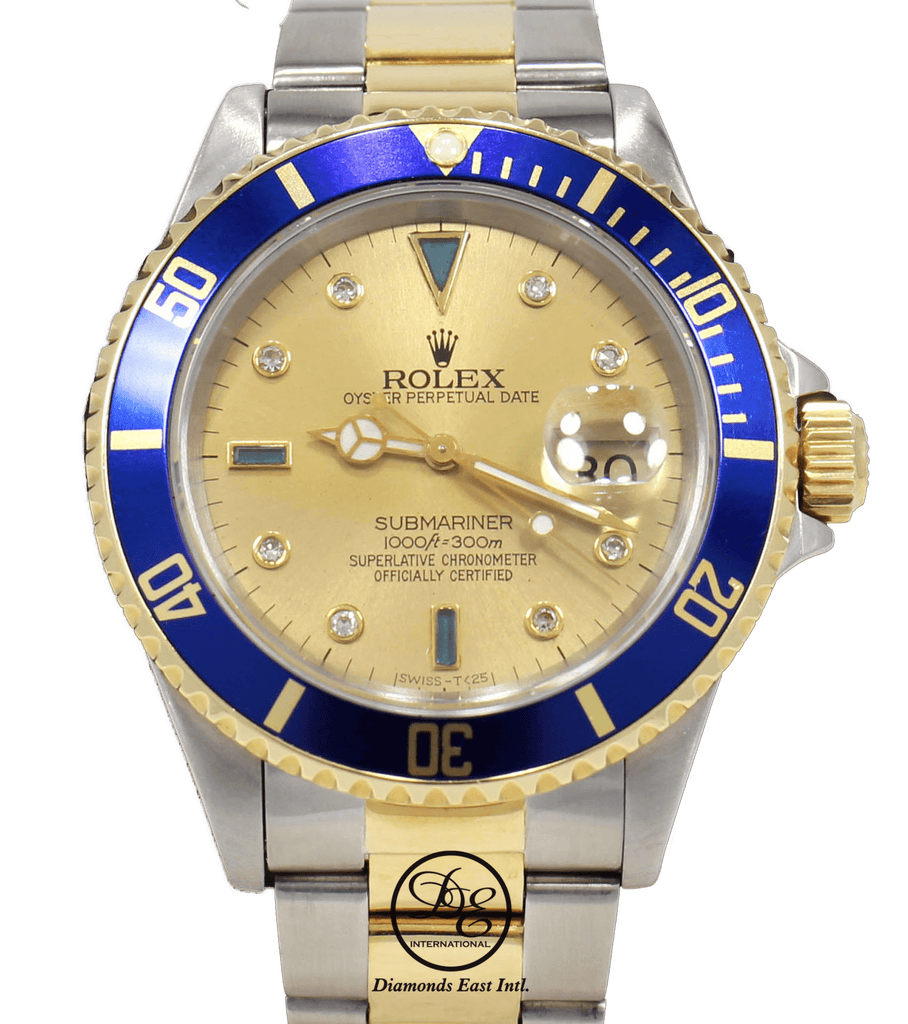 Rolex Submariner 16613 18k Yellow Gold SS Blue Sapphires
