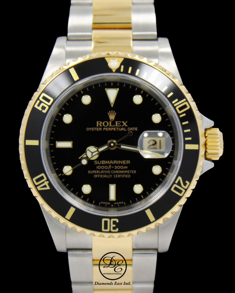 Rolex Submariner 18k Yellow Gold Stainless Steel Watch Black Sub Green 16613
