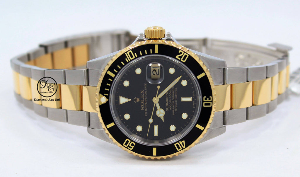 Rolex Submariner 18k Yellow Gold Stainless Steel Watch Black Sub Green 16613