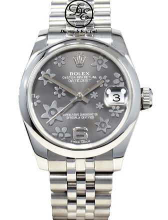Rolex Datejust 178240 Midsize 31mm Jubilee Perpetual Rhodium Flowers Dial PAPERS - Diamonds East Intl.