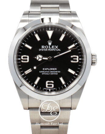Rolex Explorer I 39mm 214270 Stainless Steel Oyster Black Dial Watch - Diamonds East Intl.