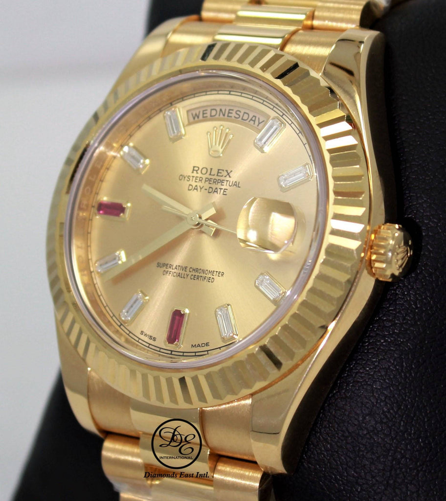 Rolex Day-Date II President 218238 18K Yellow Gold Fact Ruby & Diamond Dial BOX/PAPERS - Diamonds East Intl.