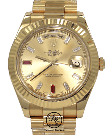 Rolex Day-Date II President 218238 18K Yellow Gold Fact Ruby & Diamond Dial BOX/PAPERS - Diamonds East Intl.