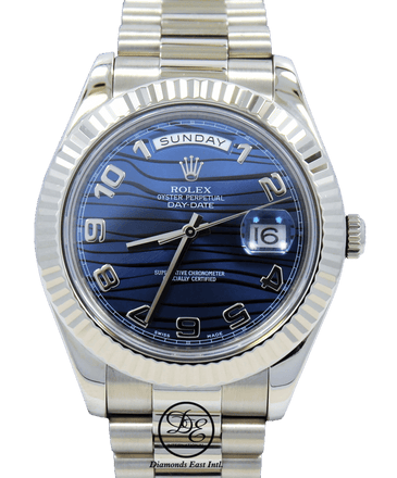 Rolex DAY DATE II President 218239 18k White Gold Rare Blue Wave Dial BOX & PAPERS - Diamonds East Intl.