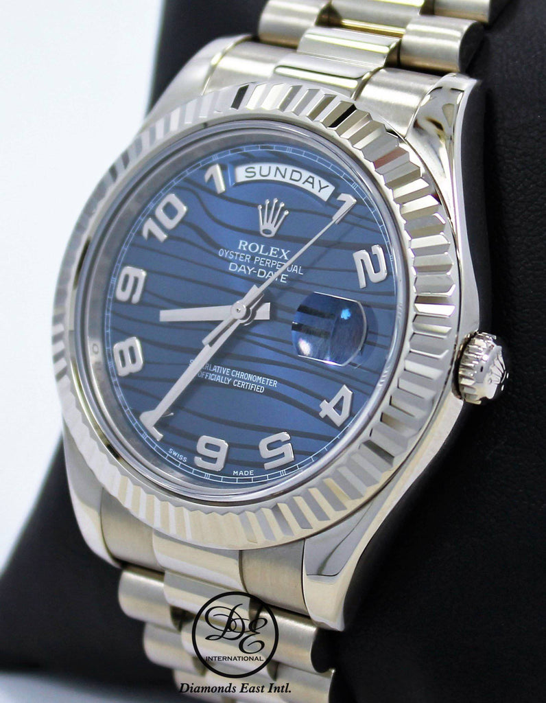 Rolex DAY DATE II President 218239 18k White Gold Rare Blue Wave Dial BOX & PAPERS - Diamonds East Intl.