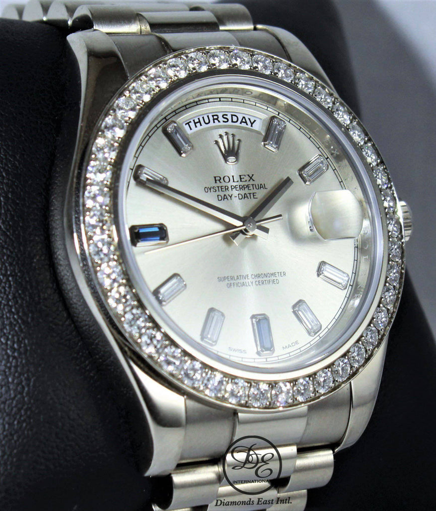 Rolex Day-Date II President 218349 18K White Gold Factory Diamond & Sapphires Dial Bezel BOX/PAPER - Diamonds East Intl.