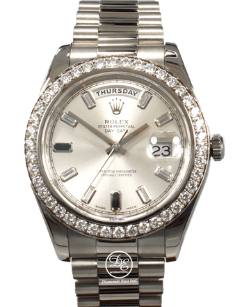 Rolex Day-Date II President 218349 18K White Gold Factory Diamond & Sapphires Dial Bezel BOX/PAPER - Diamonds East Intl.