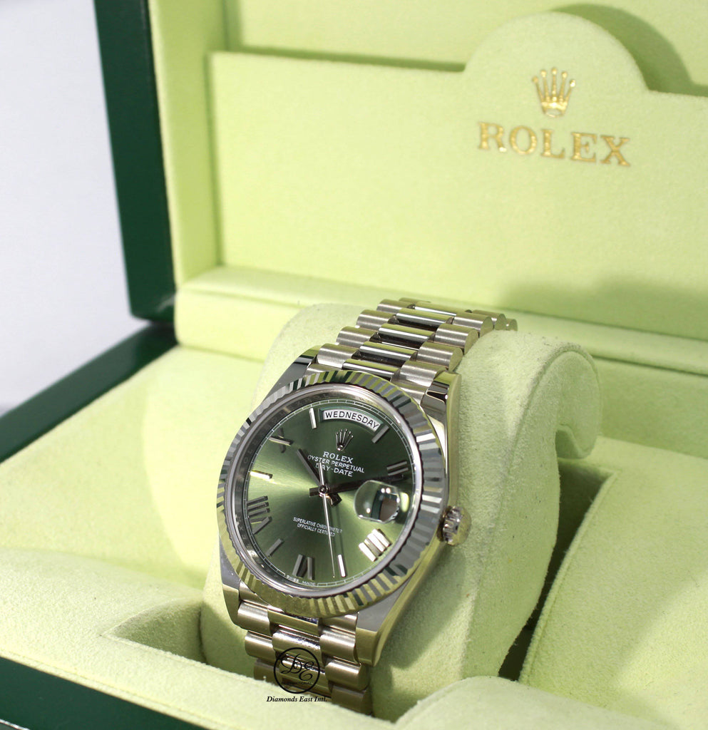 Rolex President 40mm Day-Date 228239 GRNRP 18K White Gold Green Roman Dial Box/Papers - Diamonds East Intl.