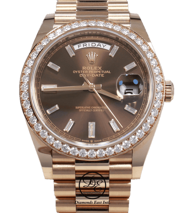 Rolex President 40mm 228345RBR 18K Rose Gold Factory Chocolate Baguette Dial & Diamond Bezel BOX/PAPERS UNWORN - Diamonds East Intl.