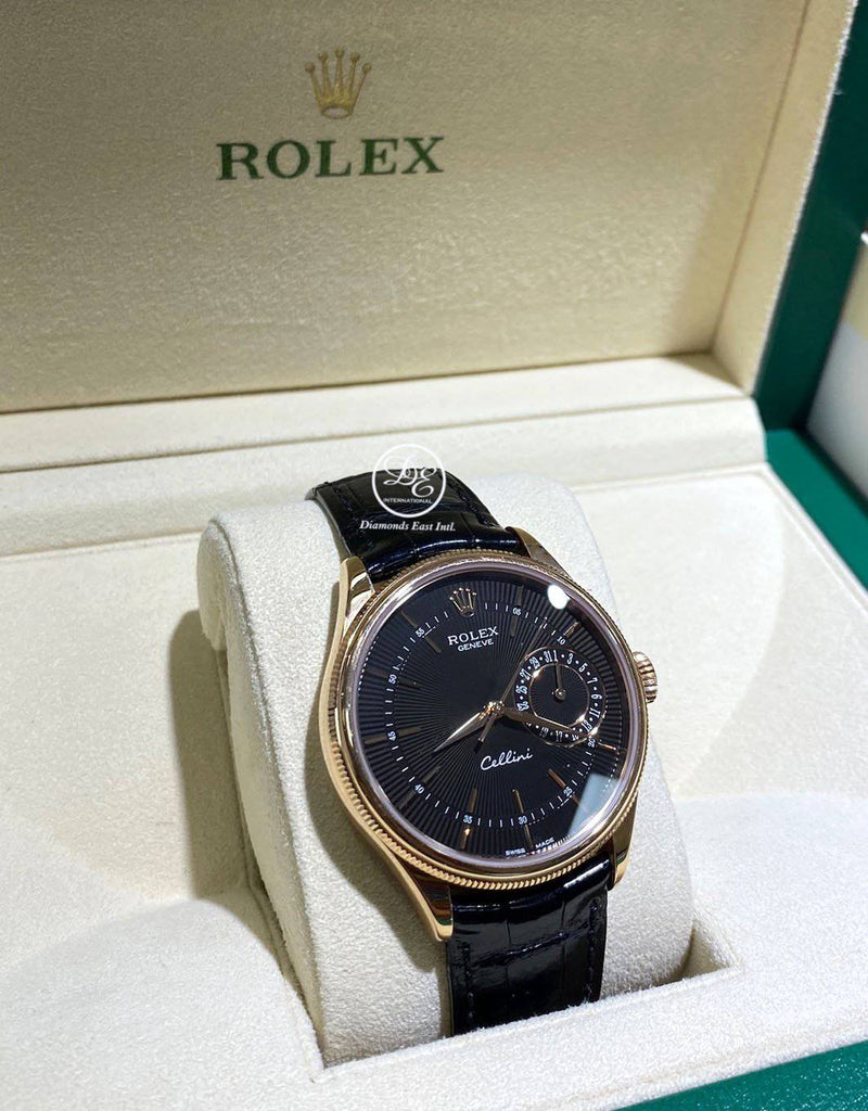 ROLEX Cellini Date 50515 18K Rose Gold Black Dial 39mm Leather Band BOX/PAPERS - Diamonds East Intl.