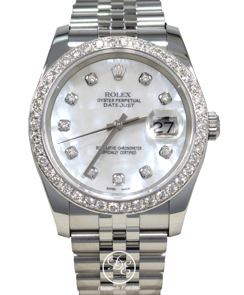 Rolex Datejust 116200 36mm Jubilee MOP Diamond Dial and Bezel Watch Box/Paper - Diamonds East Intl.